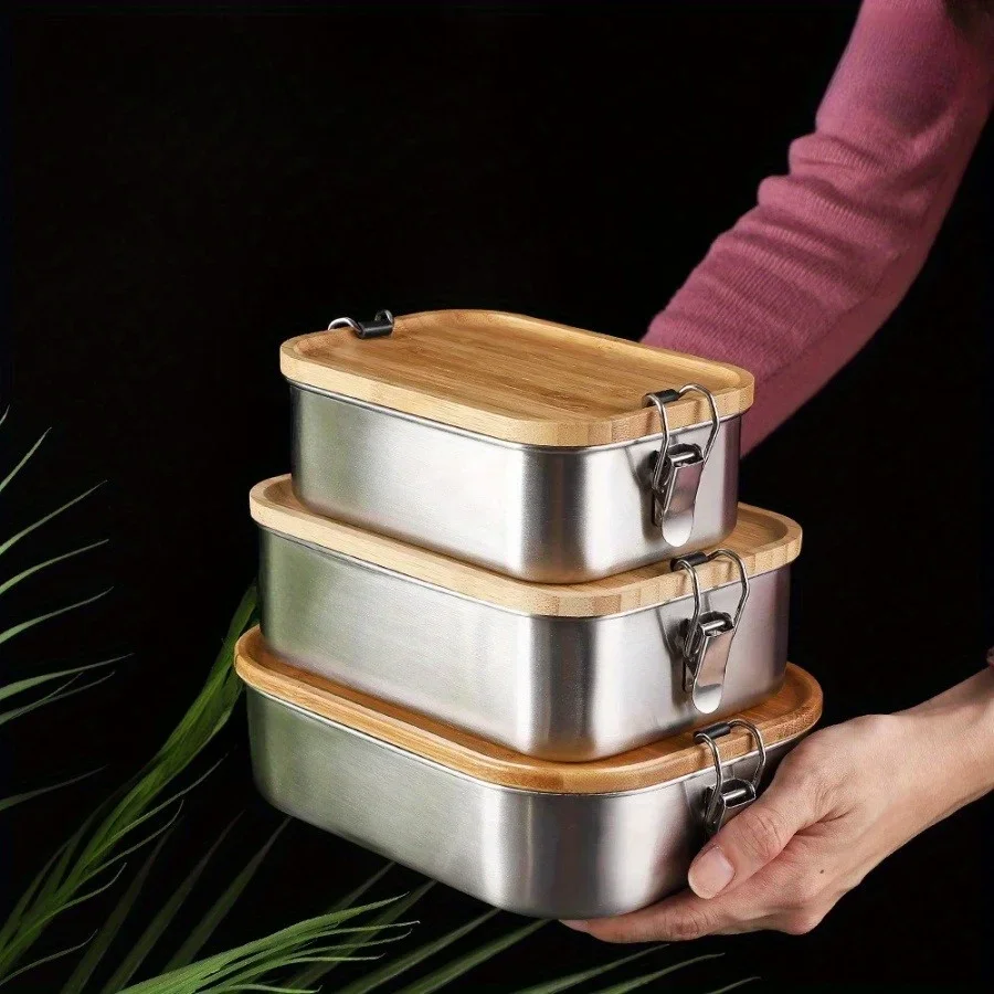 Food Storage Square Containers - New 304 Stainless Steel Bamboo Lid