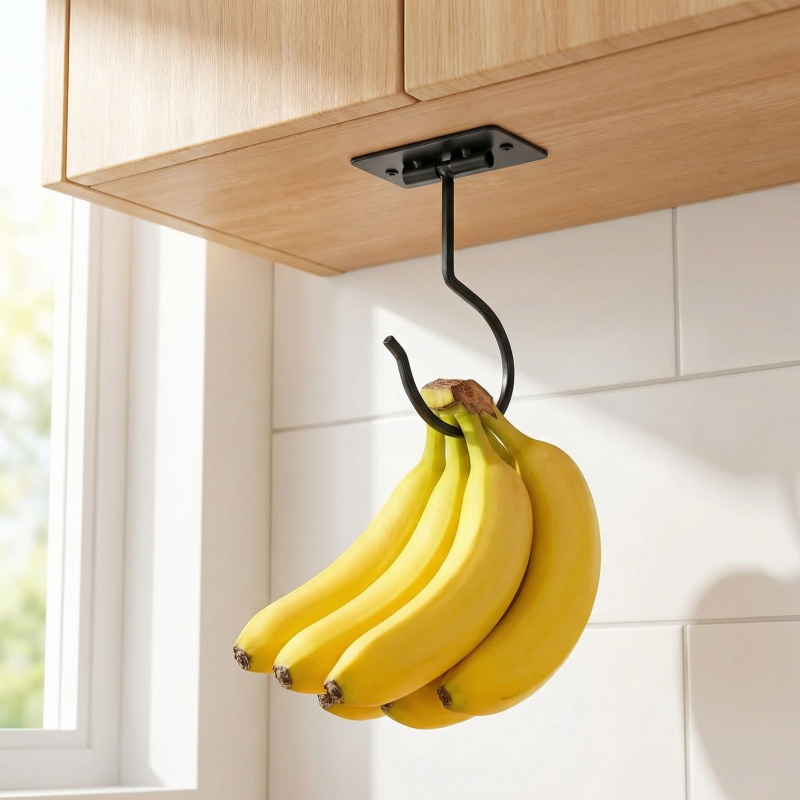 Food Storage Rack - Black Metal Self-Adhesive Banana Hook Foldable